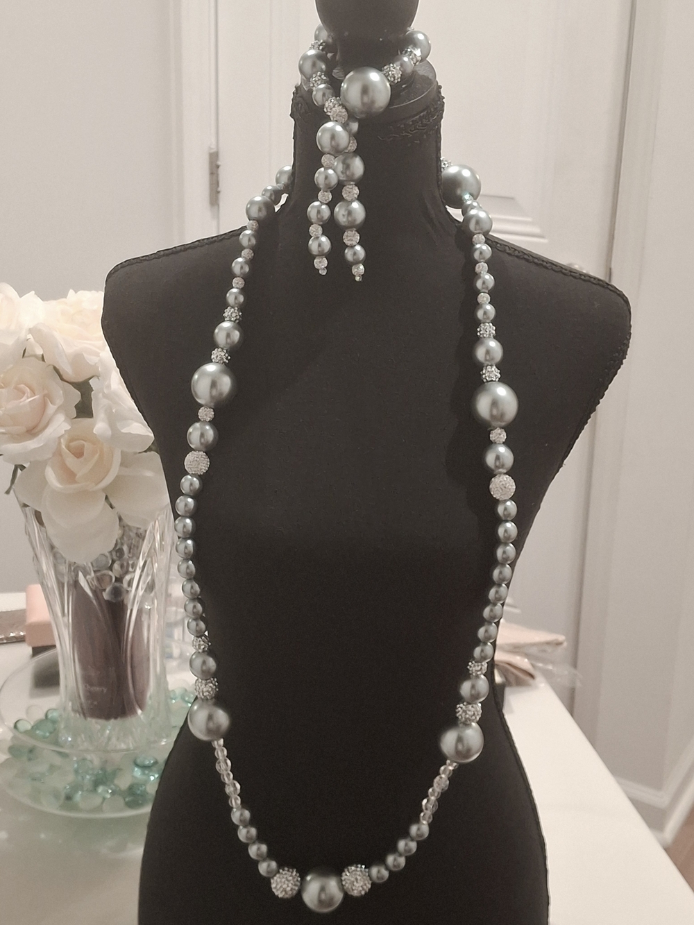 Elegant Silver-Gray Pearl Beaded Necklace and Drop Bracelet Set